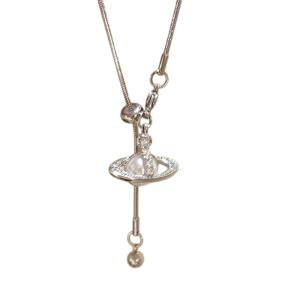 Trendy Space Themed Long Necklace Pendant Neck Chain with Sliding Fringed Detail Flexible Styling Option