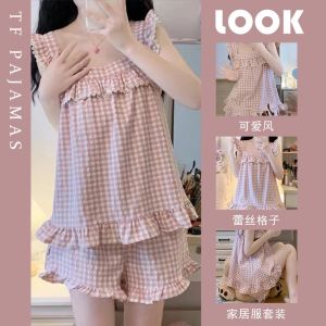 ชุดนอนสั้นสองสายลูกไม้ลาย Caro ชุดอยู่บ้านน่ารักสำหรับเด็กผู้หญิง