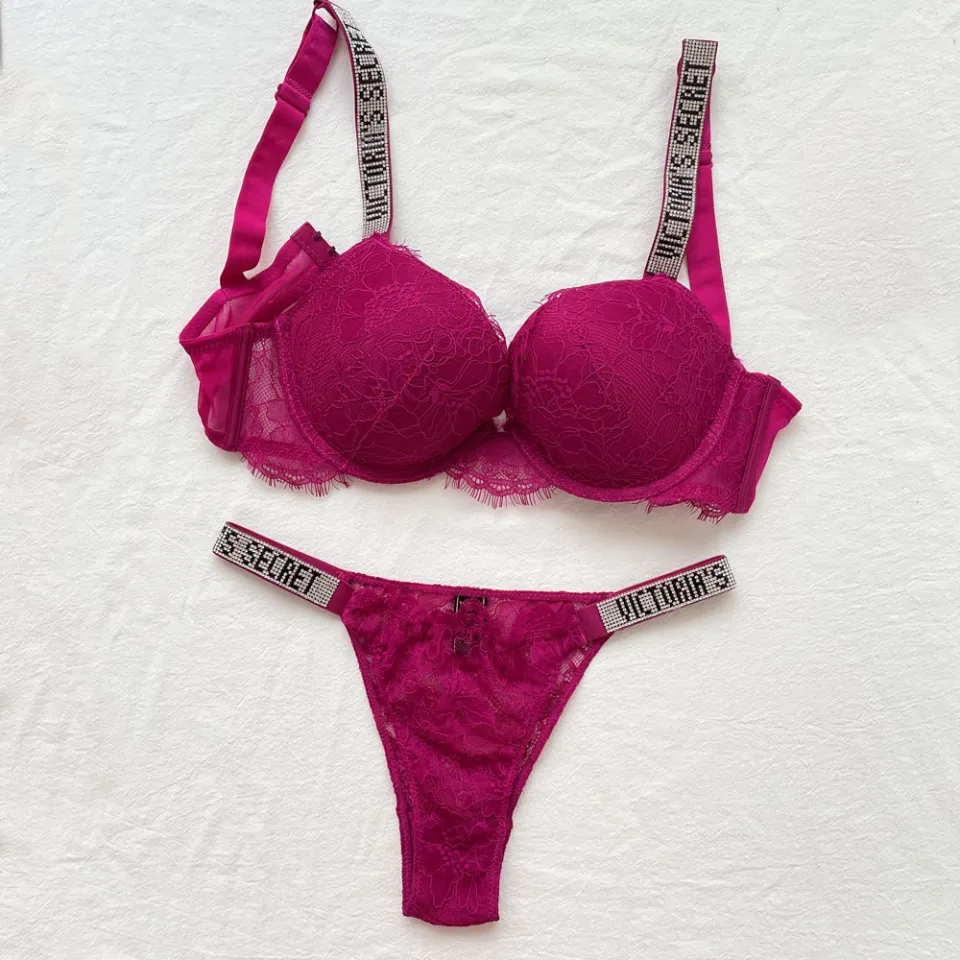 VICTORIA’S SECRET Rhinestone bra and panty set Sexy Lace Women Thong  Lingerie Bra Set Push Up Seamless Pink Gift Bra Suit