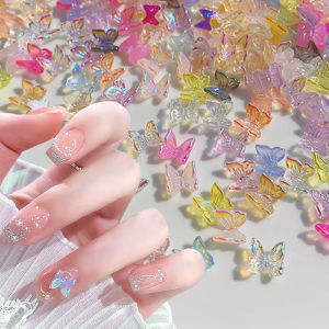 50pcs Aurora Multicolor Butterfly Nail Art Charms Resin Crystal Rhinestones Nail Decorations for Pressing Ornament on Gel Nails