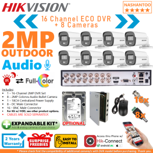 Hikvision 16Channel 2MP Smart Hybrid Light with ColorVu 8Cameras Outdoor Bullet 16CH DIY CCTV Package Kit NASHANTOO 16/8CRA2 ECO-CPS(8B) (with optional HDD) (Cables are not included)