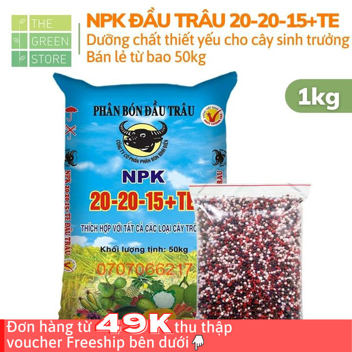 Phân bón NPK Đầu Trâu 20-20-15 + TE (500g - 1kg) dạng hạt 3 màu, bán lẻ ...