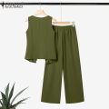 ZANZEA Women Fashion Square Neck Sleeveless Button Up Vests Straight Long Pants Plain Office Two-piece Outfits #0825. 