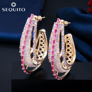 SEQUITO Hàng Mới Về Bông Tai Hình Chữ U Thiết Kế Rỗng Hợp Thời Trang Khuyên Tai Đá CZ Nữ Màu Vàng Chất Lượng Cao Cho Trang SỨC TIỆC CƯỚI Dubai Sang Trọng SE224