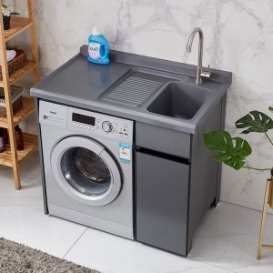 Customized balcony washing machine cabinet combination laundry tub inter-platform basin with washboard alumimum all-in-o