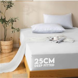 DEEP FITTED 25CM HOTEL QUALITY 3N1  PLAIN COLORS  STRIPE BEDSHEET WITH TWO PILLOWCASES-CANADIAN