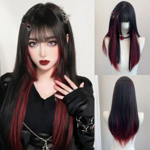 TAHVDF Air Bangs Black and Red Gradient Wigs Gothic Style Highlights Lolita Cosplay Wigs Sweet Natural Long Straight Hair for Women