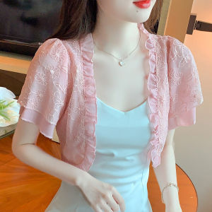 Impression Fashion Korean Floral Chiffon Joint Lace Short Sleeve Short Sun-protective Shawl Cardigan