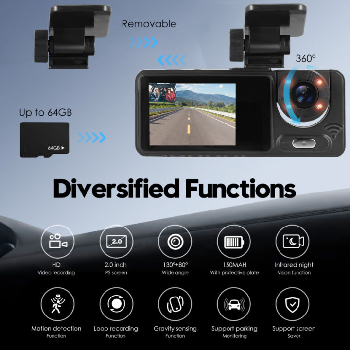 3 Channel Dashcam For Cars Dash Cam Front And Rear Inside 1080P Triple