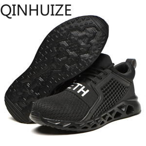 QINHUIZE New safety shoes construction site anti-smashing anti-piercing fly woven mesh breathable steel toe shoes work boots men