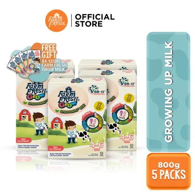Farm Fresh Grow Powder 4-6 Years Old 800g x 5 Packs + Farm Fresh Grow Formulated Milk 1-6 Years Old 125ml x 4 Packs