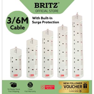 BRITZ 3/6M Extension Socket Cord With Surge Protection  Safety Mark 2 Pin Friendly  2 / 3 / 4 / 5 / 6 Way FOC 2 PIN KEYPLUG