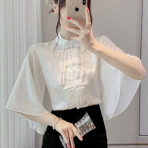 Matching Horse Face Shirt Short Sleeve New Chinese Style National Style 2025 New White Stand Collar Shirt Element Improved Hanfu Top