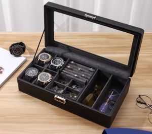 Hộp Để Đồng Hồ 12 Ngăn [Có Khóa] Vỏ Da Cao Cấp Màu Đen - Hộp Đồng Hồ 12 Chiếc Nắp Kính Nội Thất Nỉ Nhung Xám Ghi- BH 12T