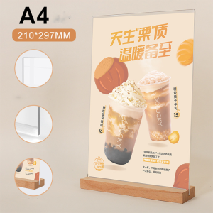 1 PCS A4/A5/A6 T-Shape Display Stand Wooden Base Desktop Double-Sided Acrylic Menu Advertisement Transparent Display Rack