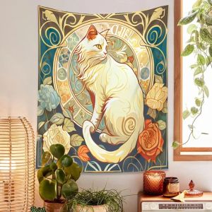 Foreign Trade Rose Black Cat Tapestry ins Art Background Wall Cloth Floral Animal Hanging Cloth Bedside Home Decoration Fabric