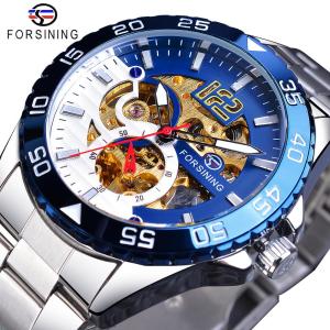 new Forsining fashion mechanical mens watch top brand luxury automatic mens watch stainless steel skeleton blue dial waterproof leisure clock. Mens gifts