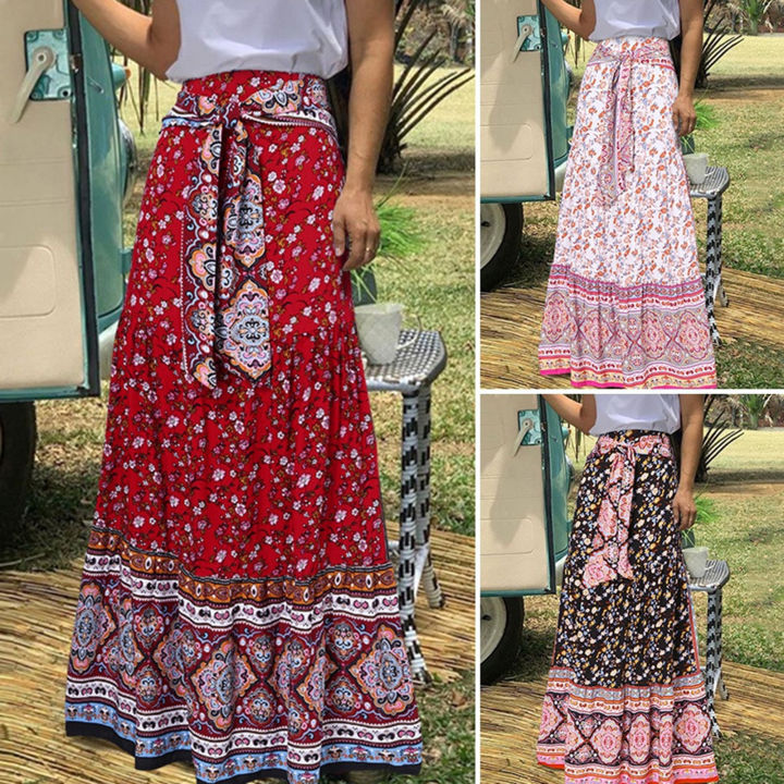 【Ready】High Waist Bow Tie Pleated Maxi Skirt Bohemia Floral Print ...