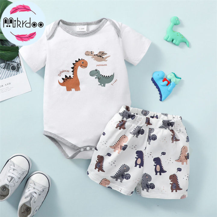 0-2Years Newborn Baby Boy Clothes Set Dinosaur Print Short Sleeve Romper  Top Shorts Summer Casual Daily 2PCS Outfit