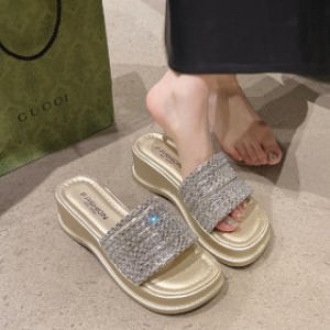 [Free Shipping] Summer Fashion Rhinestone One-Strap Thick-Soled Wedge Heel WomenS Sandals Open-Toe Platform Slimming High-Heeled Flat Slippers For Women