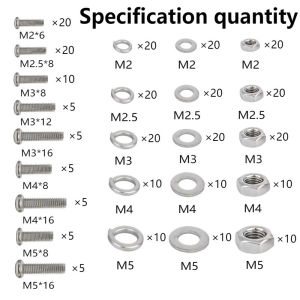 M2 M3 M4 M5 Bolts Nuts Assortment Kit Metric Machine Screws Flat Washers