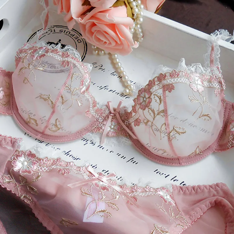 Sexy Underwear Embroidered Transparent Large Chest Show Small Women's Bra  Set