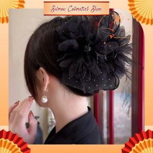 Kẹp Tóc Càng Cua Hoa Mẫu Đơn Lông Vũ Phối Nơ Voan Xinh Xắn Thanh Lịch Hottrend - Salmon Shop