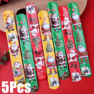 5Pcs Christmas Santa Slap Bracelet Xmas Party Favors Wristband Snap Bands for Kids New Year Birthday Gift