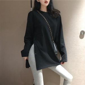 Kaos Wanita Lengan Panjang Polos Split Button Atasan Kebesaran Kasual Tipis Korea