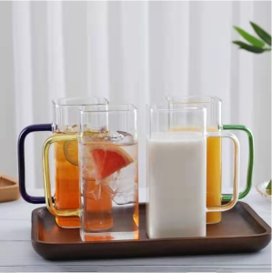 High Borosilicate Glass Cup with Handle Square Shape Multicolor For Juice Milk 370ml