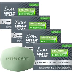 Xà phòng Dove Men+Care loại làm mới da 3 trong 1 hương thơm cực kỳ tươi mát hộp 4 bánh mỗi bánh 26 ounce. Xà phòng dưỡng ẩm cho tay cơ thể mặt và dùng sau khi cạo râu kết hợp với ¼ lượng kem dưỡng ẩm để có làn da mịn màng. Đồ dùng thiết y