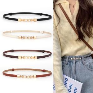 Womens Korean Thin Leather Belt Adjustable Faux Pearl Buckle Chic Versatile For Casual Dressy Daily Wear