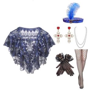 Womens 1920s Gatsby Inspired Costume with Beaded Pearls Necklace Shawl Fishnet Tights Gloves for Fancy Dress