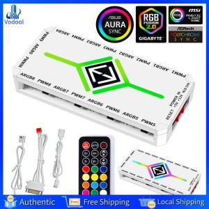 [Vodool Home Mall] 1 To 9 3 in 1 PWM ARGB Fan Hub Splitter Magnetic Suction Hub + Wireless Remote Control  Aura Sync Lighting Controller Computer Case Fan Intelligent Speed ​​Control and Temperature Controller SATA Power Supply