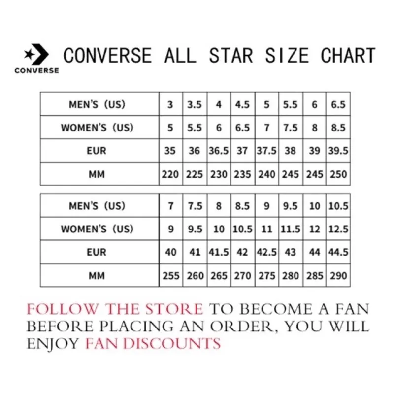 Chuck 70 size store chart