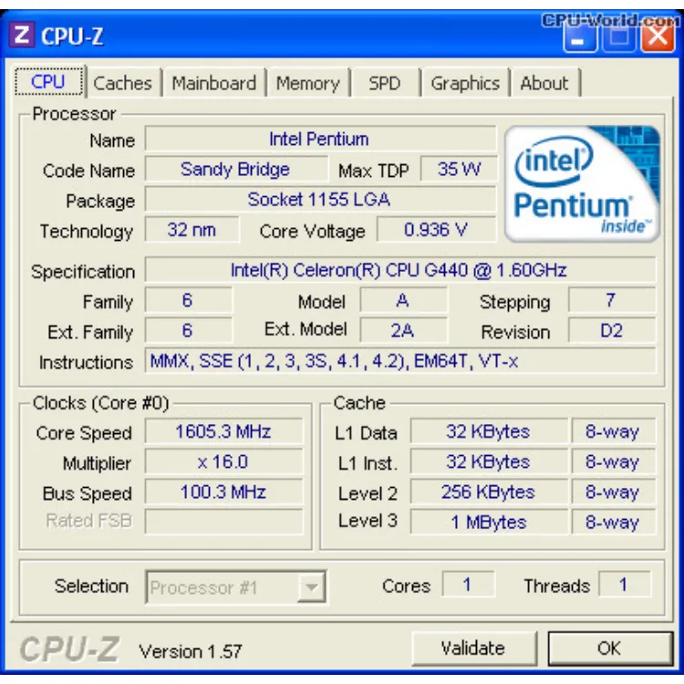 Intel Celeron Processor G440 1.6 Ghz 1 MB Cache LGA 1155 2nd