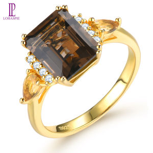 Lohaspie Jewelry Pure 3.6 Carats 925 Silver Big Gemstone Ring Citrine Stone Original Ring Natural Smoky Quart Ring Octagon Cut Gemstone Wedding Ring For Women Jewelry