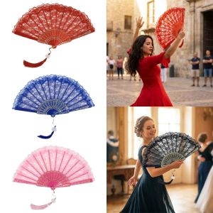 MINIFELE 262 Flower Carving Vintage Lace Folding Fan Stamping with Tassel Handmade Decorative Fan Elegant Chinese Style Fan Home Decoration