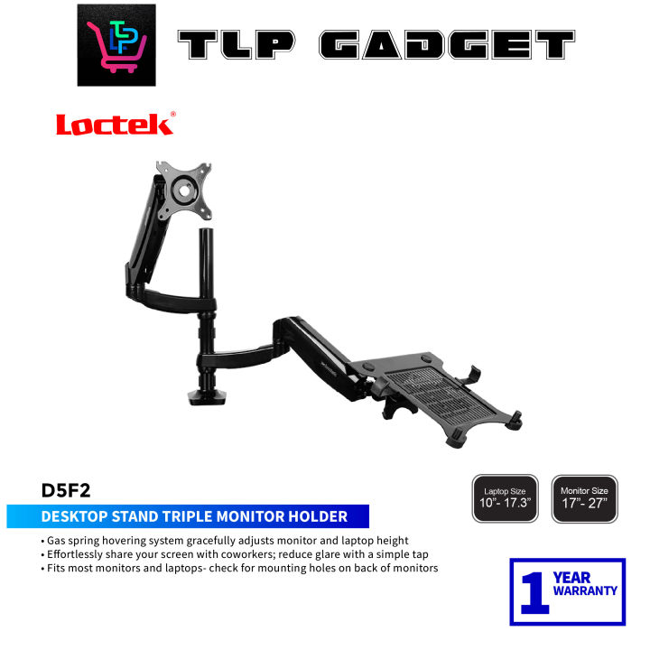 Loctek D5F2 Dual Arm Gas Spring Full Motion Desktop 10"17.3" Laptop