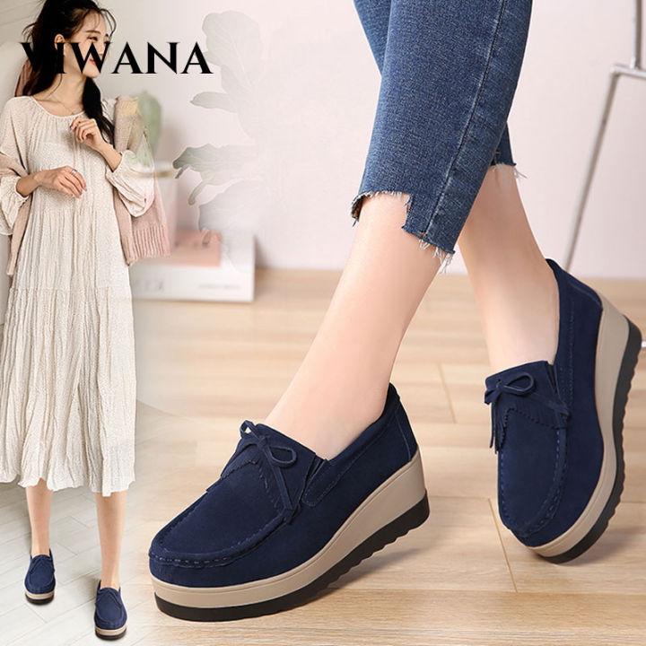 VIWANA Wedges Shoes For Women Korean Style Casual shoes Plus Size 35-42  Genuine Leather High Heels 2021 Slip On Shoes Ladies Platform Shoes