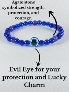 Lucky Charm evil eye Elastic bracelet for protection and lucky charm / original  natural blue agate stones / strength protection courage and good luck