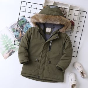 Áo parka bé trai lót nỉ 5-14 tuổi xuất khẩu túi hộp mũ vành lông và phối màu Áo khoác cho bé khỏe khoắn thời trang
