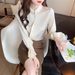 Ammin2024เสื้อเชิ้ตผ้าไหมคอตั้งแขนยาวกบสไตล์จีนใหม่สำหรับผู้หญิงดีไซน์แฟชั่น2024เดินทางเพื่อการพักผ่อนเสื้อผ้าชีฟองเข้ากับทุกชุด