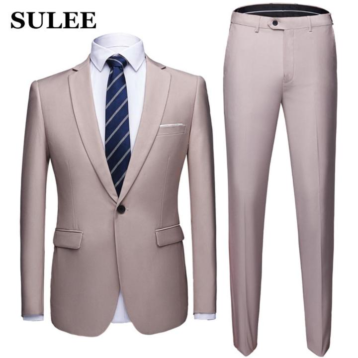 SULEE] Wedding Suit Set 2 Pcs Male Blazers Slim Fit Suits for Men Costume Business  Formal Party （Free Gift / Random 1 Pcs Tie）