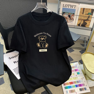 T-Shirt Wanita Hitam Lengan Pendek - Motif Kartun Beruang & Tulisan Kreatif  Katun Tipis Bernapas 2025  Desain Oversize Slim Fit Gaya Korea Jepang  Baju Kasual Kampus Premium  Desain Kartun Jepang  Atasan kerah bulat serbaguna  Womens Clothing