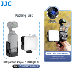 JJC Expansion Adapter For DJI Osmo Pocket 3 + Magnetic Neck Holder / Flexible Tripod / RGB LED Light KitWith Side Cold Shoe Mount DesignAttached to Tripods/Selfie Sticks/Bike Mounts & More Accessories With 3-prong Action Camera Mount