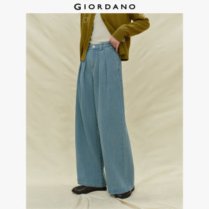 Giordano Women High waist pleated wide leg wash denim jeans Free Shipping 18415826