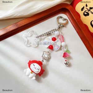 [COD] Beaution Cute Cartoon Lucky Cat Bead Keychain Kawaii Kitten Mobile Phone Chain Backpack Pendant Car Key Chain Accessories Gifts