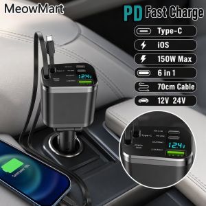 Car Charger Adapter Pd Fast Charge Six Port Usb Type C Retractable Cable Dual Socket Oem For Android Ios