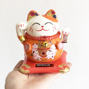 Mèo thần tài vẫy tay kinh doanh năng lượng mặt trời tự động may mắn mini 5 màu đỏ cam vàng xanh sứ trắng họa tiết hoa sen kích thước 11-15cm